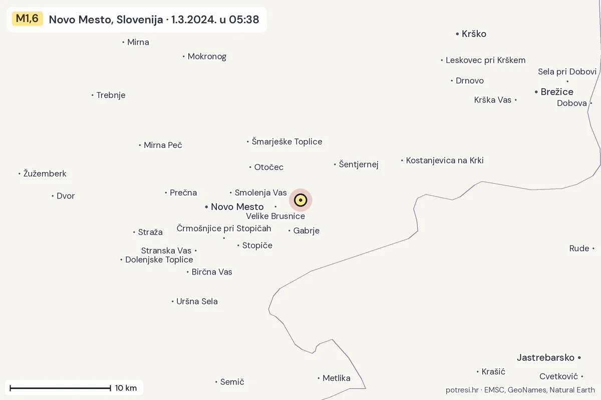 Karta: okolica epicentra, 60 km, potres M1,6, Novo Mesto, Slovenija, 1.3.2024.