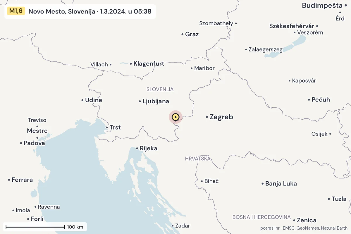 Karta: šire područje, 600 km, potres M1,6, Novo Mesto, Slovenija, 1.3.2024.
