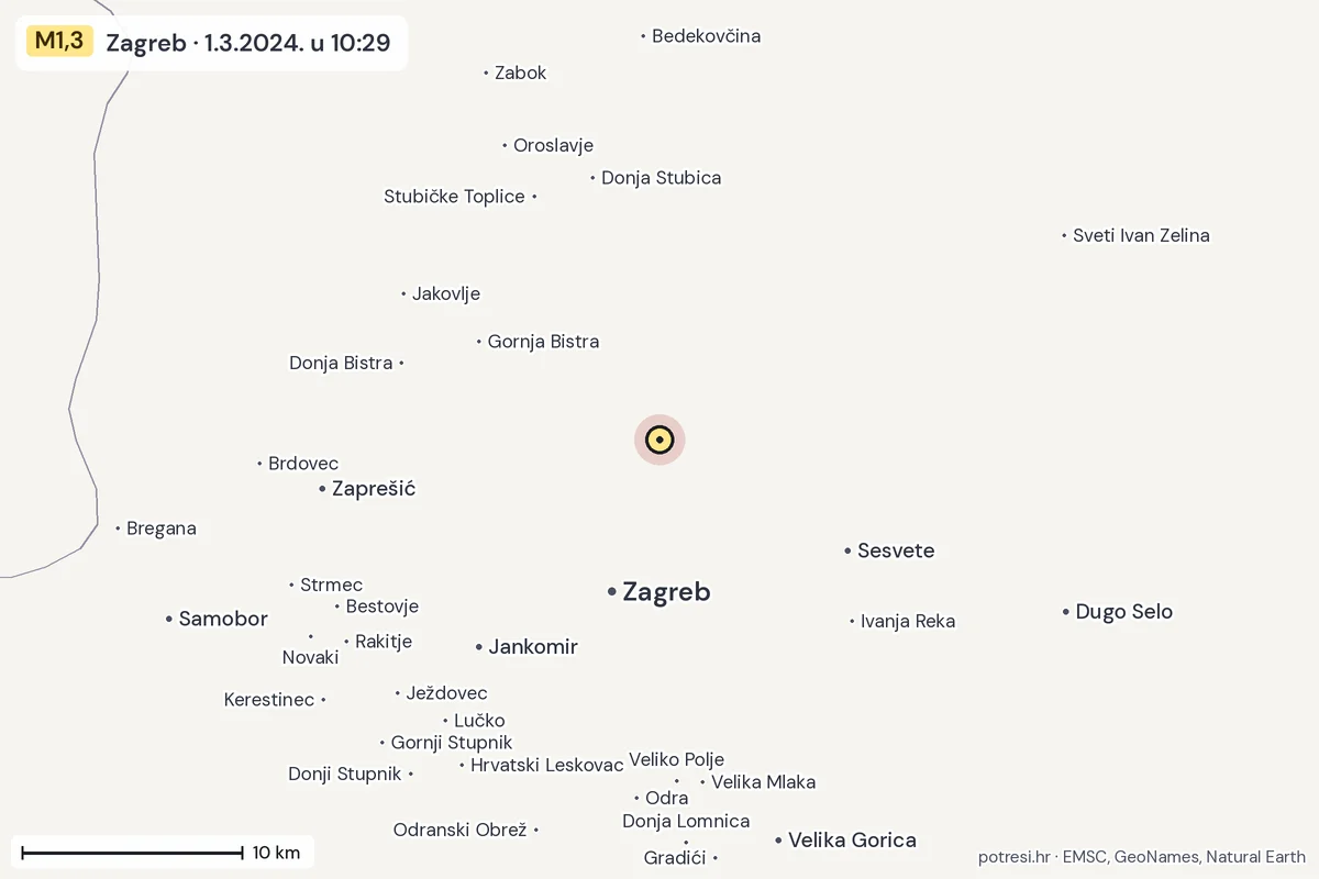 Karta: okolica epicentra, 60 km, potres M1,3, Zagreb, 1.3.2024.