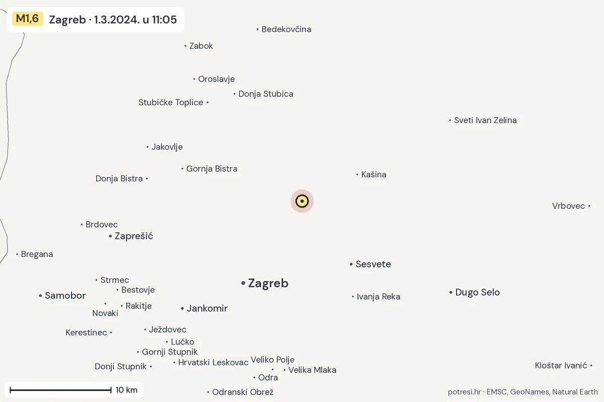 Karta: okolica epicentra, 60 km, potres M1,6, Zagreb, 1.3.2024.