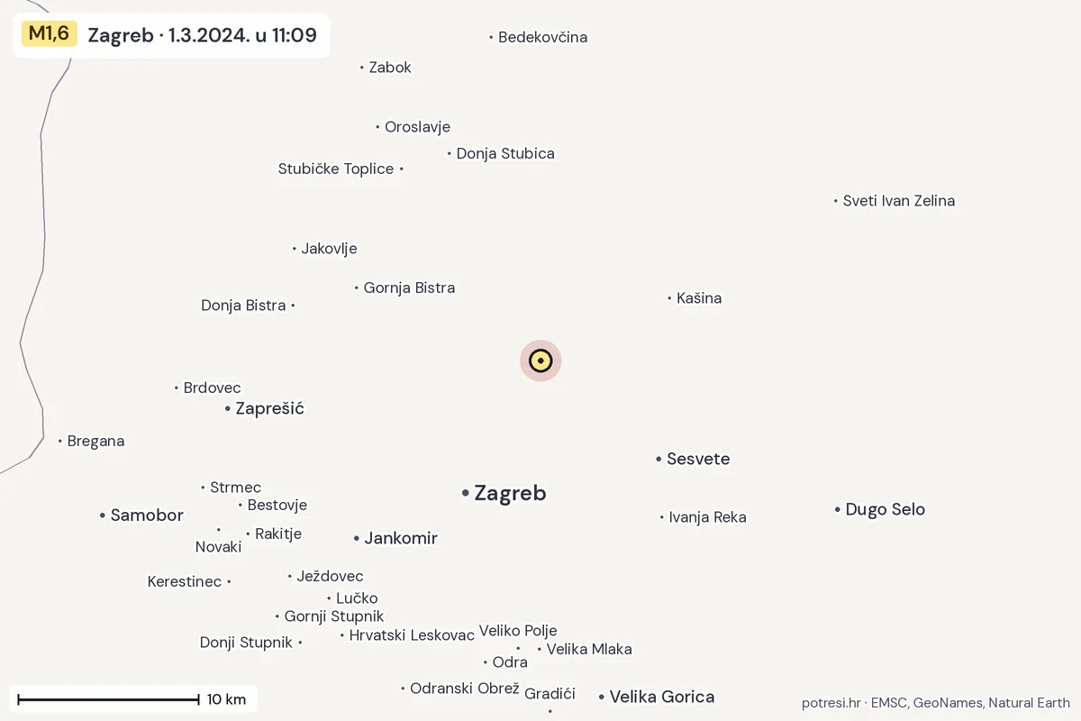 Karta: okolica epicentra, 60 km, potres M1,6, Zagreb, 1.3.2024.