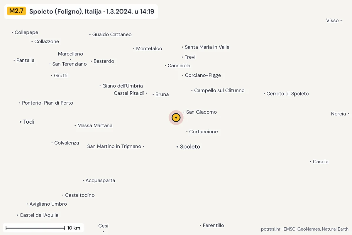 Karta: okolica epicentra, 60 km, potres M2,7, Spoleto (Foligno), Italija, 1.3.2024.