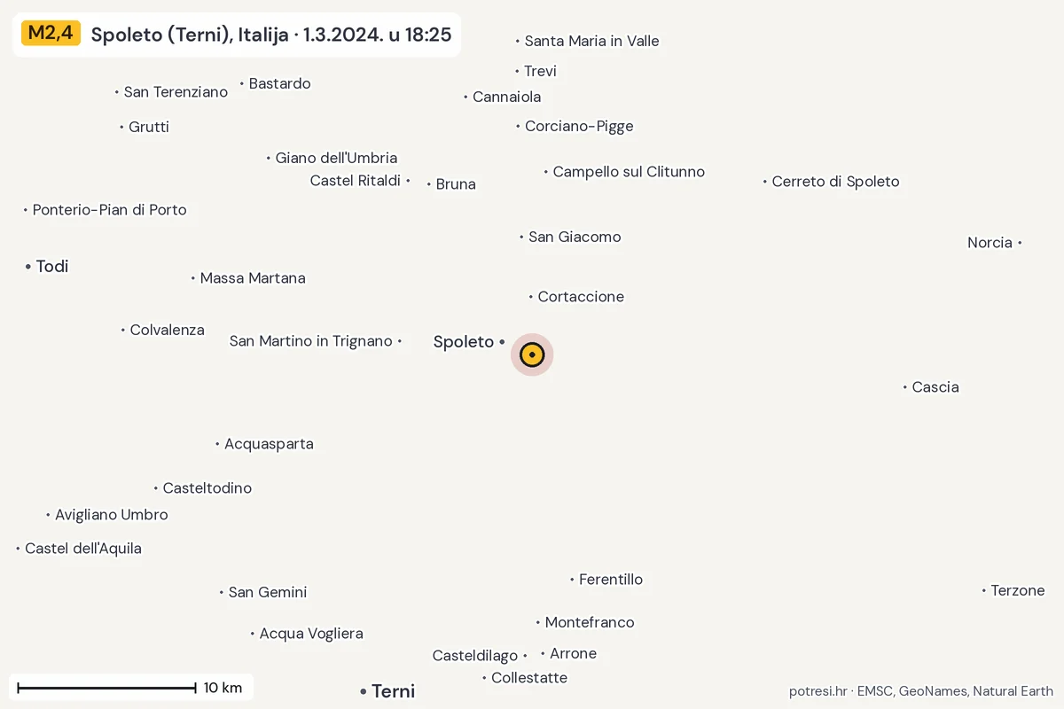 Karta: okolica epicentra, 60 km, potres M2,4, Spoleto (Terni), Italija, 1.3.2024.