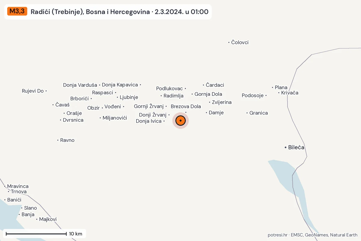 Karta: okolica epicentra, 60 km, potres M3,3, Radići (Trebinje), Bosna i Hercegovina, 2.3.2024.