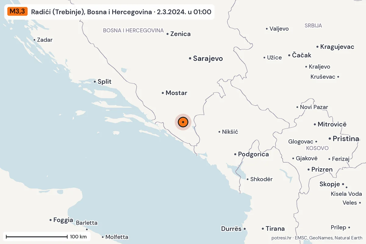 Karta: šire područje, 600 km, potres M3,3, Radići (Trebinje), Bosna i Hercegovina, 2.3.2024.