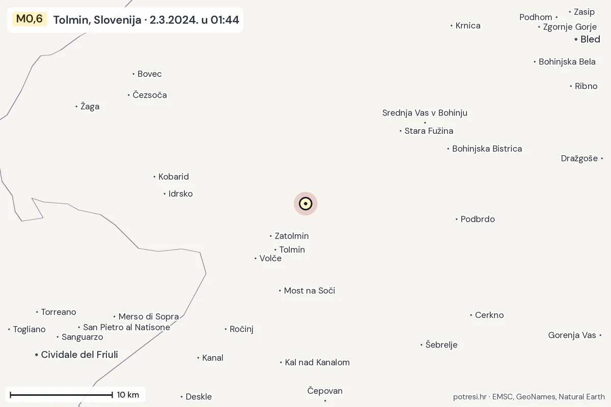 Karta: okolica epicentra, 60 km, potres M0,6, Tolmin, Slovenija, 2.3.2024.