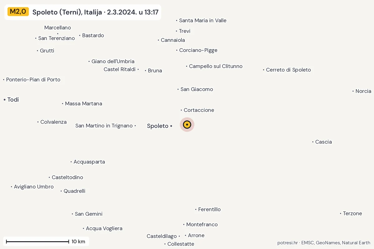 Karta: okolica epicentra, 60 km, potres M2,0, Spoleto (Terni), Italija, 2.3.2024.