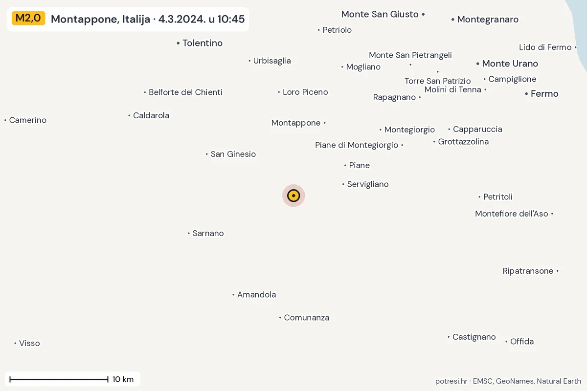 Karta: okolica epicentra, 60 km, potres M2,0, Montappone, Italija, 4.3.2024.