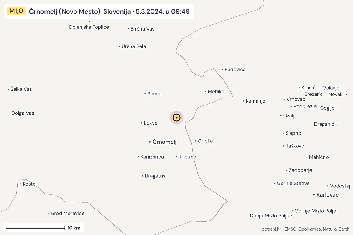 Karta: okolica epicentra, 60 km, potres M1,0, Črnomelj (Novo Mesto), Slovenija, 5.3.2024.