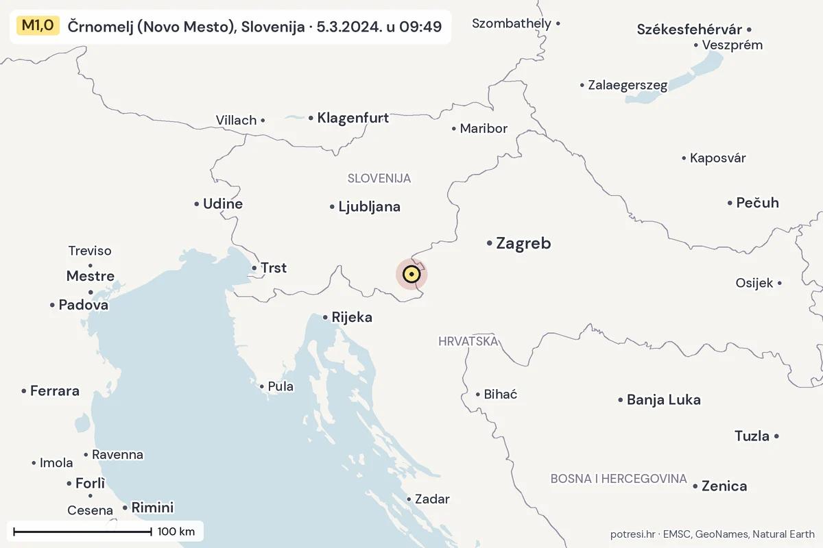 Karta: šire područje, 600 km, potres M1,0, Črnomelj (Novo Mesto), Slovenija, 5.3.2024.