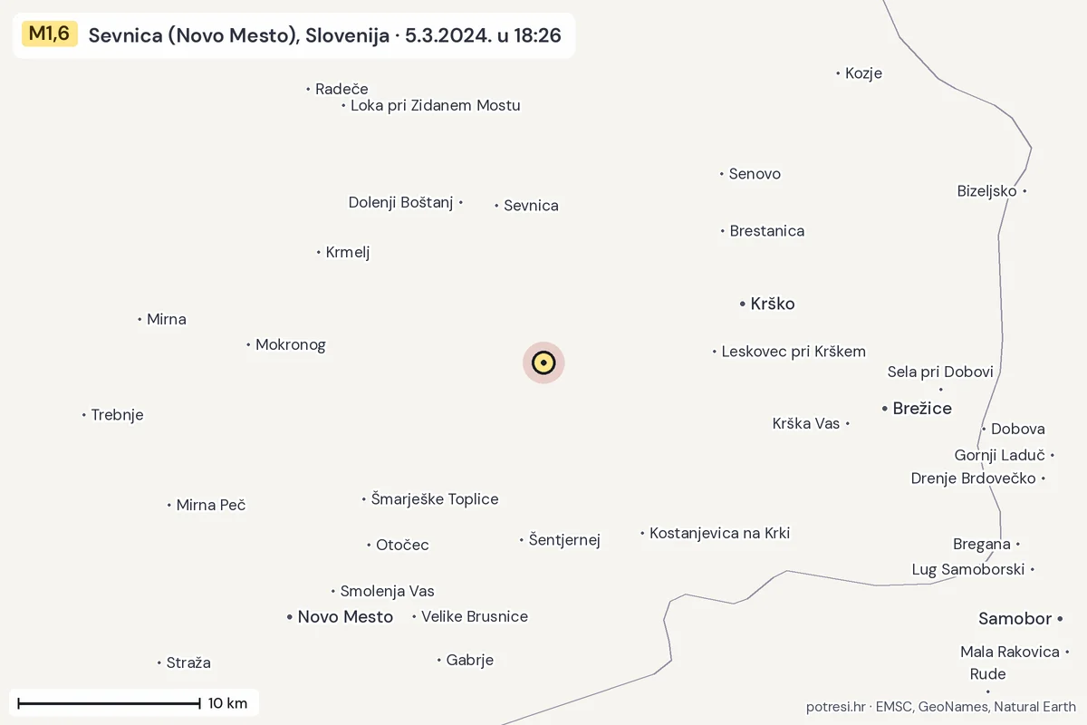 Karta: okolica epicentra, 60 km, potres M1,6, Sevnica (Novo Mesto), Slovenija, 5.3.2024.