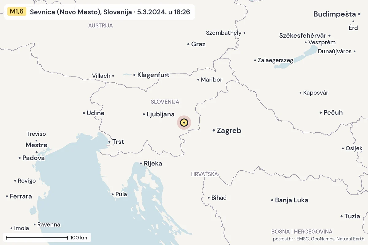 Karta: šire područje, 600 km, potres M1,6, Sevnica (Novo Mesto), Slovenija, 5.3.2024.