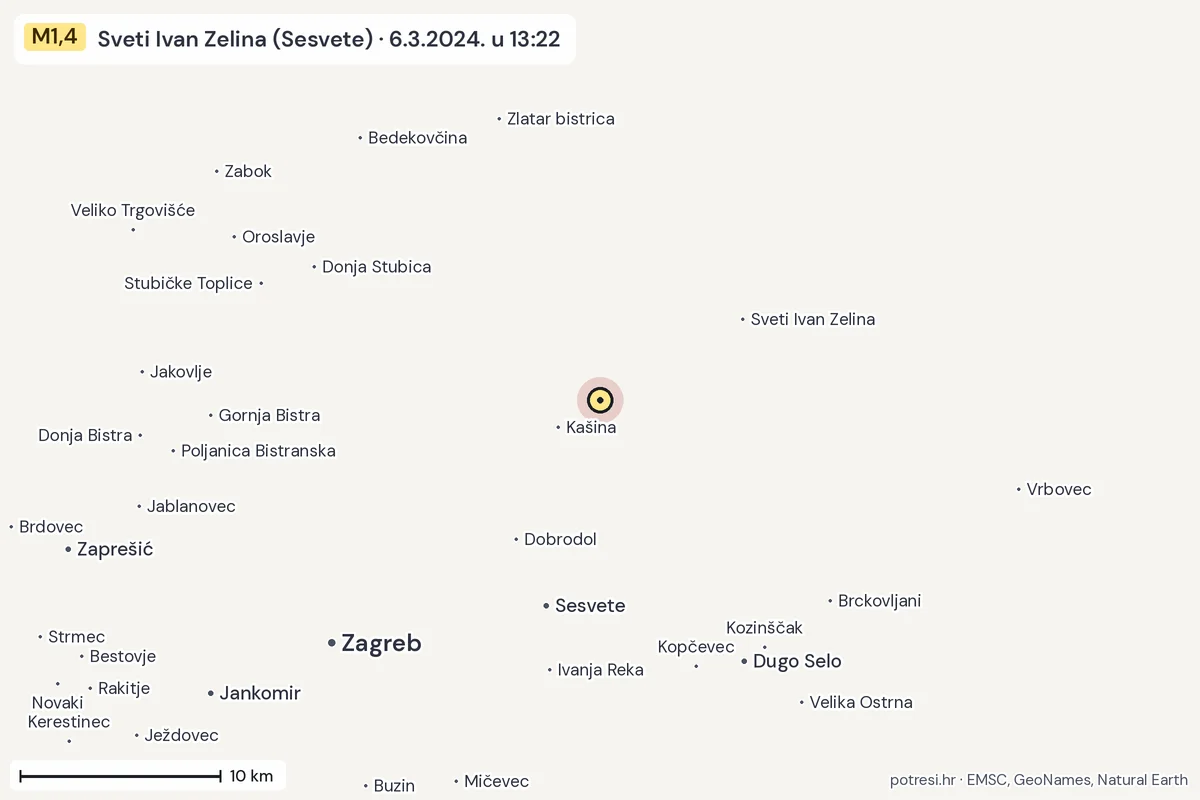 Karta: okolica epicentra, 60 km, potres M1,4, Sveti Ivan Zelina (Sesvete), 6.3.2024.