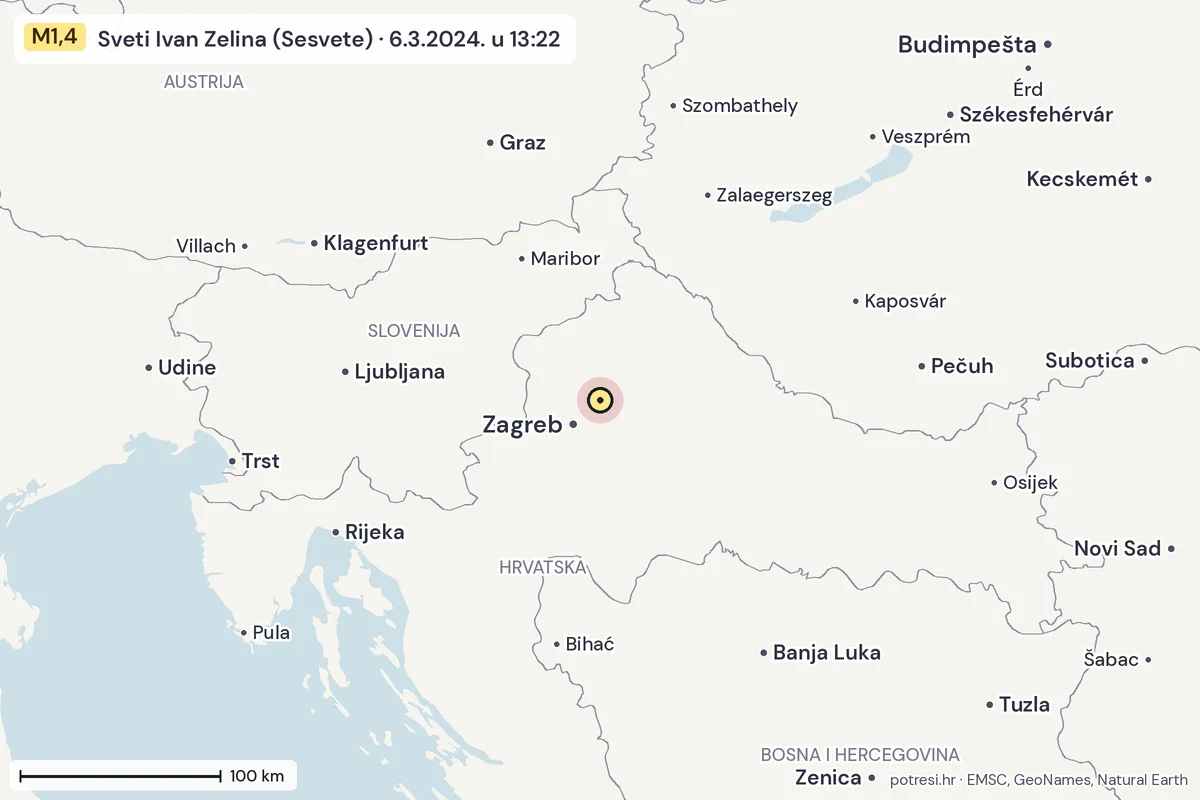 Karta: šire područje, 600 km, potres M1,4, Sveti Ivan Zelina (Sesvete), 6.3.2024.
