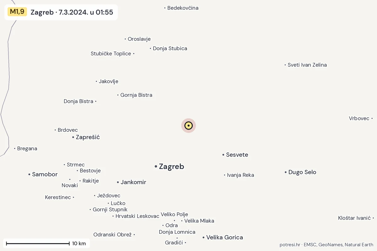 Karta: okolica epicentra, 60 km, potres M1,9, Zagreb, 7.3.2024.