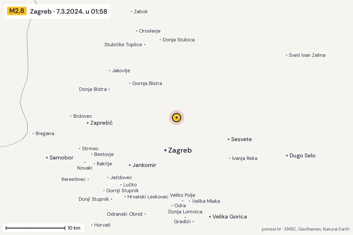 Karta: okolica epicentra, 60 km, potres M2,8, Zagreb, 7.3.2024.