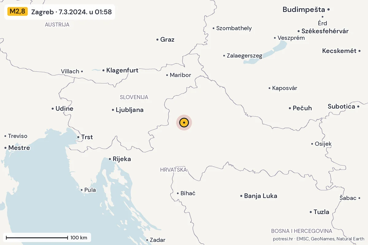Karta: šire područje, 600 km, potres M2,8, Zagreb, 7.3.2024.