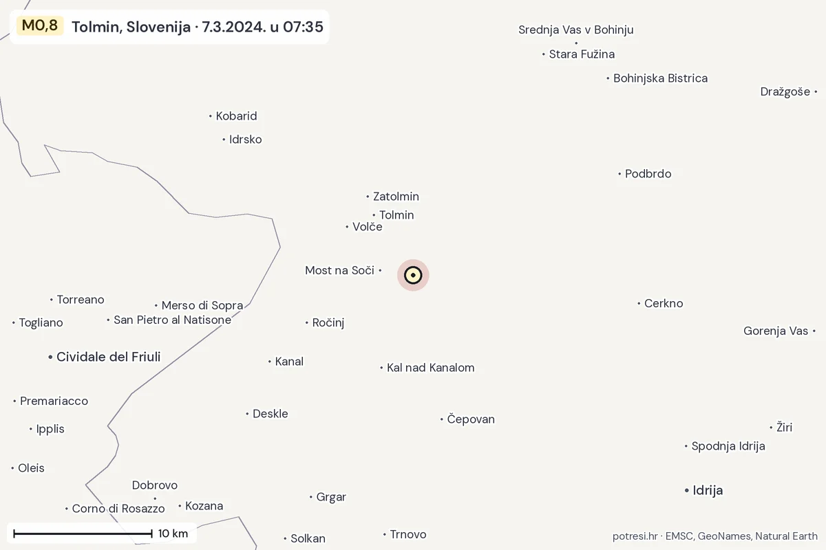Karta: okolica epicentra, 60 km, potres M0,8, Tolmin, Slovenija, 7.3.2024.