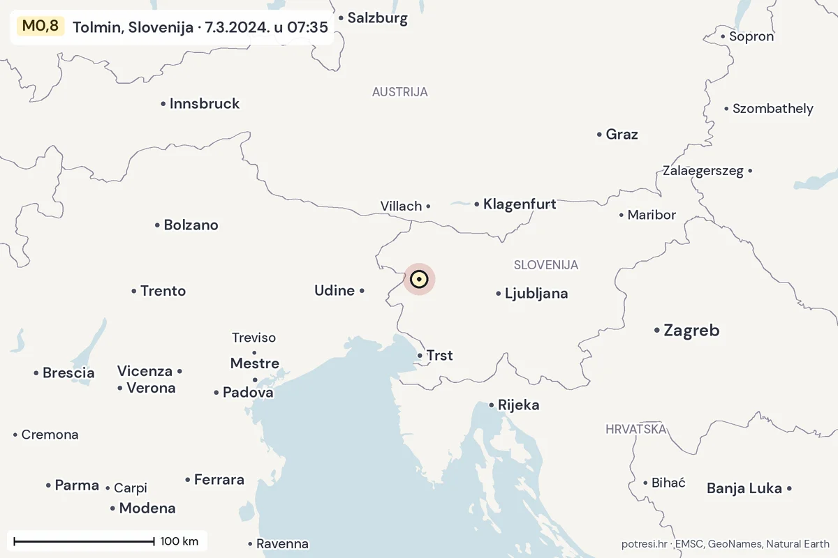 Karta: šire područje, 600 km, potres M0,8, Tolmin, Slovenija, 7.3.2024.