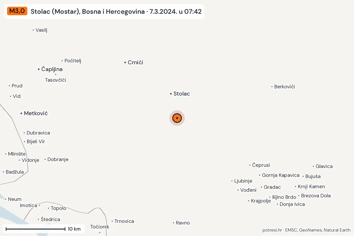 Karta: okolica epicentra, 60 km, potres M3,0, Stolac (Mostar), Bosna i Hercegovina, 7.3.2024.
