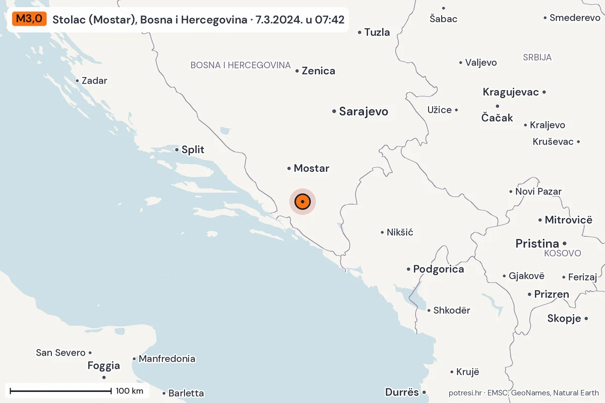 Karta: šire područje, 600 km, potres M3,0, Stolac (Mostar), Bosna i Hercegovina, 7.3.2024.