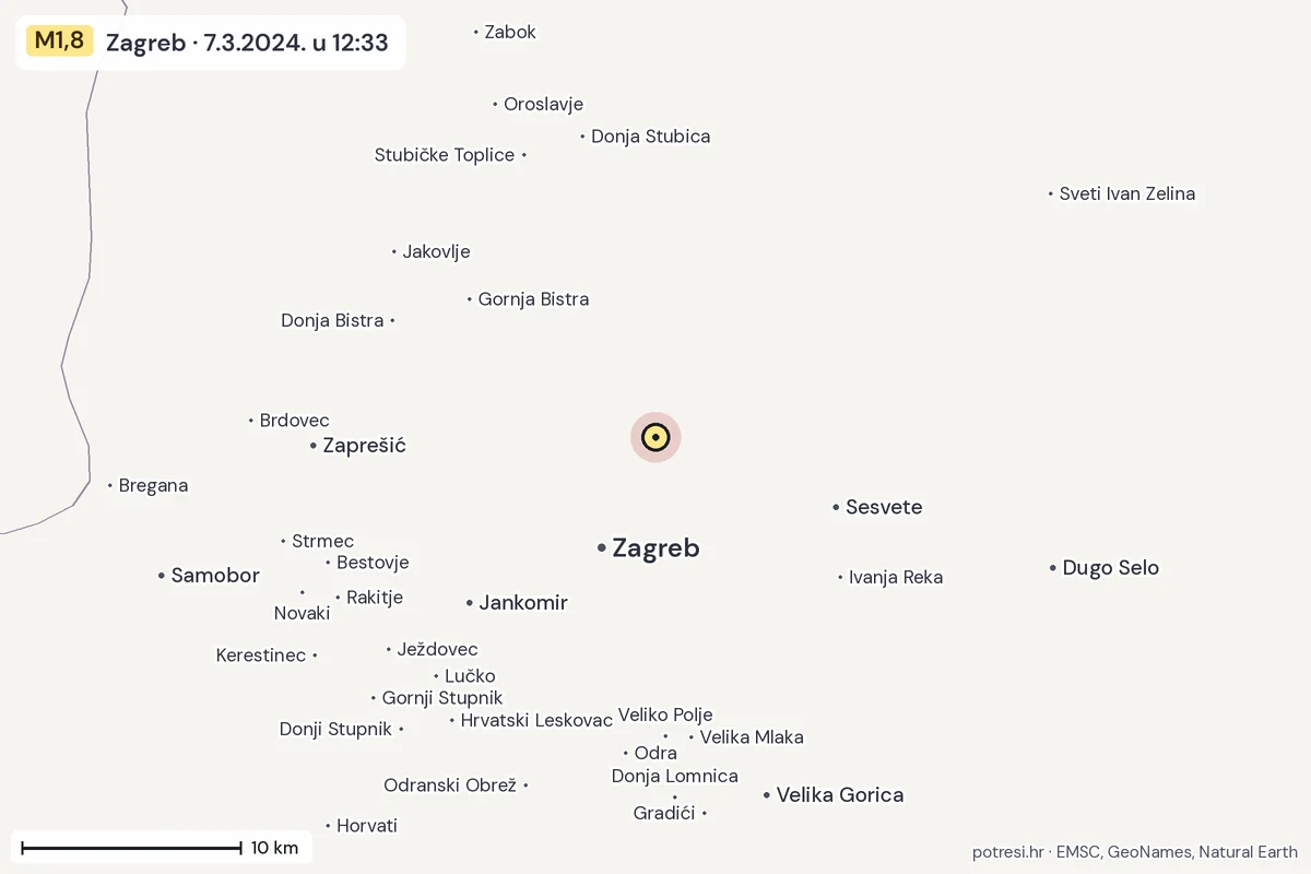 Karta: okolica epicentra, 60 km, potres M1,8, Zagreb, 7.3.2024.