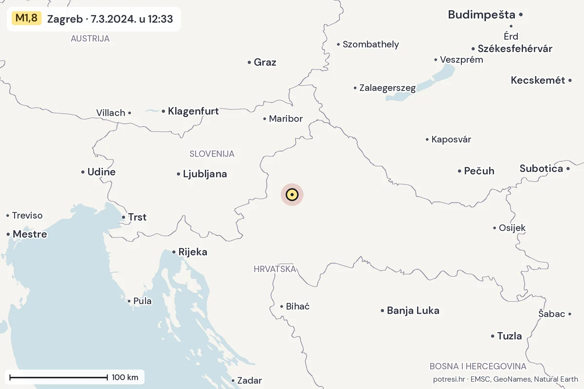 Karta: šire područje, 600 km, potres M1,8, Zagreb, 7.3.2024.