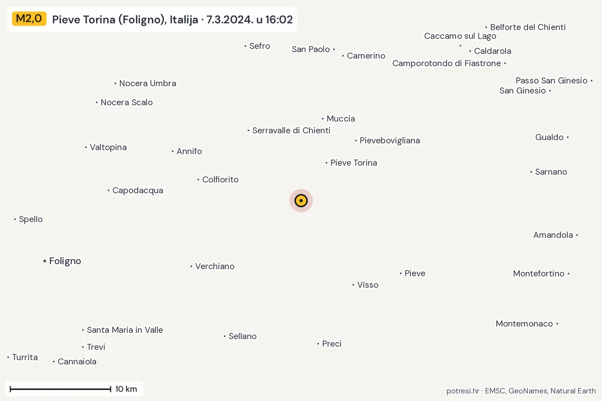 Karta: okolica epicentra, 60 km, potres M2,0, Pieve Torina (Foligno), Italija, 7.3.2024.