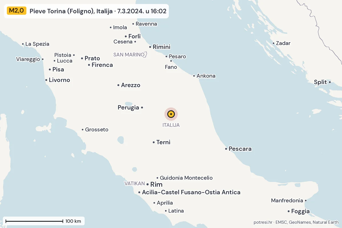 Karta: šire područje, 600 km, potres M2,0, Pieve Torina (Foligno), Italija, 7.3.2024.