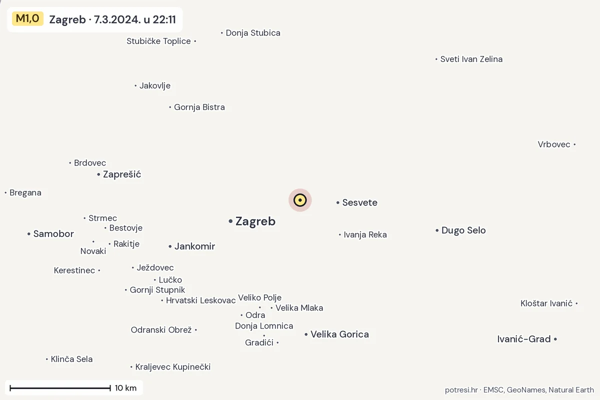 Karta: okolica epicentra, 60 km, potres M1,0, Zagreb, 7.3.2024.