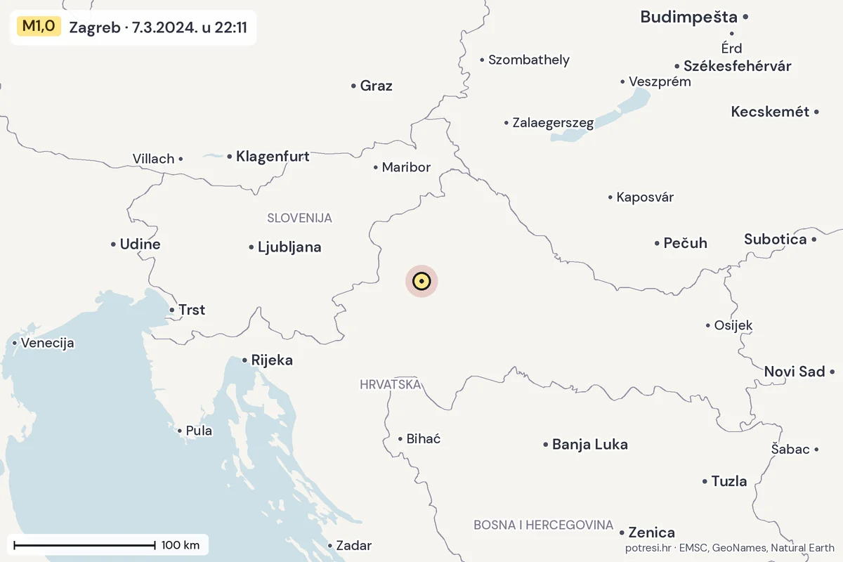 Karta: šire područje, 600 km, potres M1,0, Zagreb, 7.3.2024.