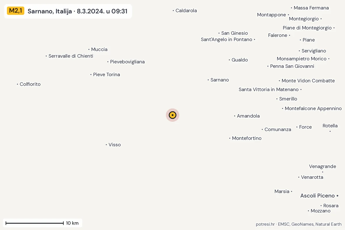 Karta: okolica epicentra, 60 km, potres M2,1, Sarnano, Italija, 8.3.2024.