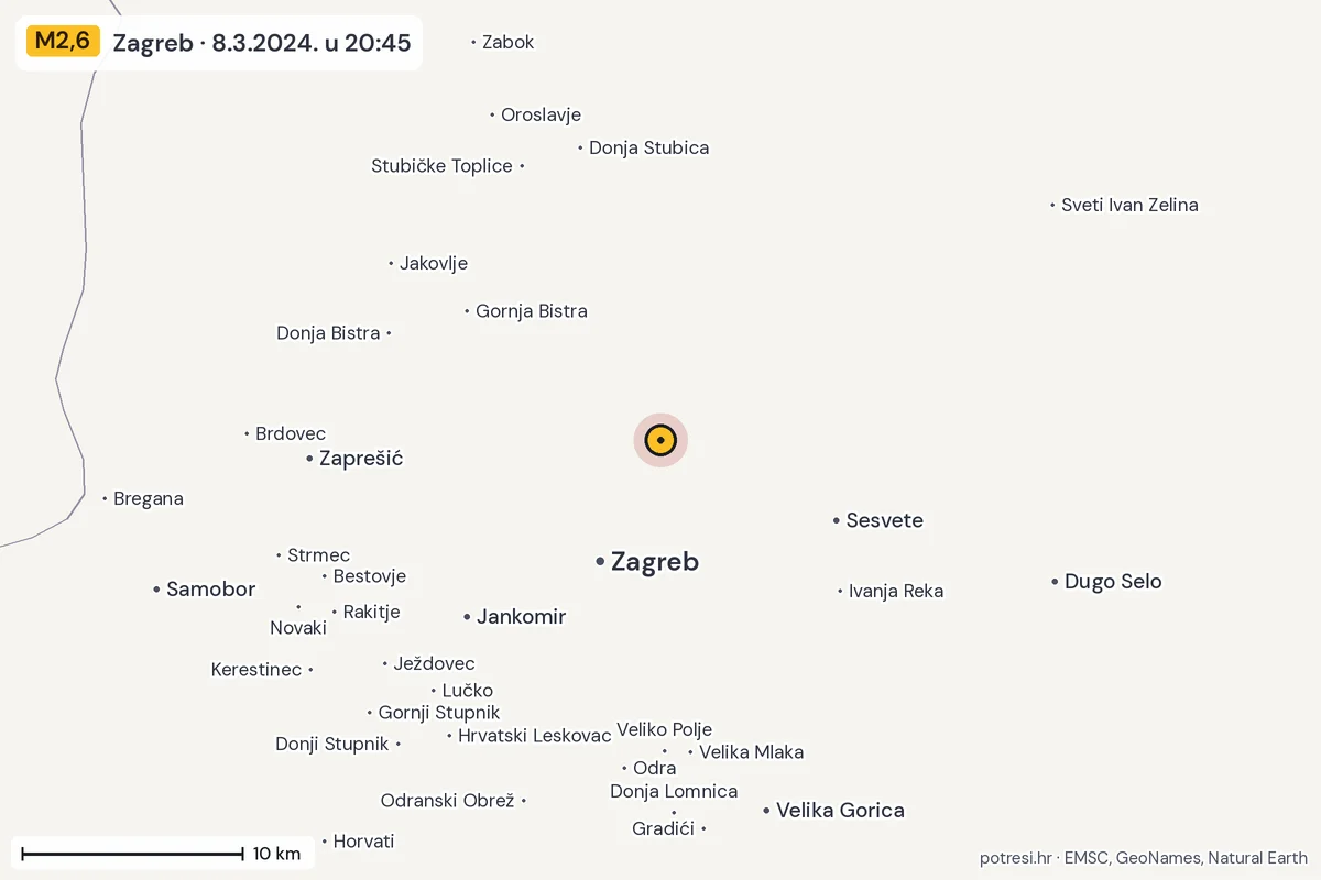 Karta: okolica epicentra, 60 km, potres M2,6, Zagreb, 8.3.2024.