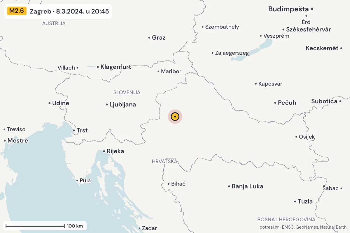 Karta: šire područje, 600 km, potres M2,6, Zagreb, 8.3.2024.
