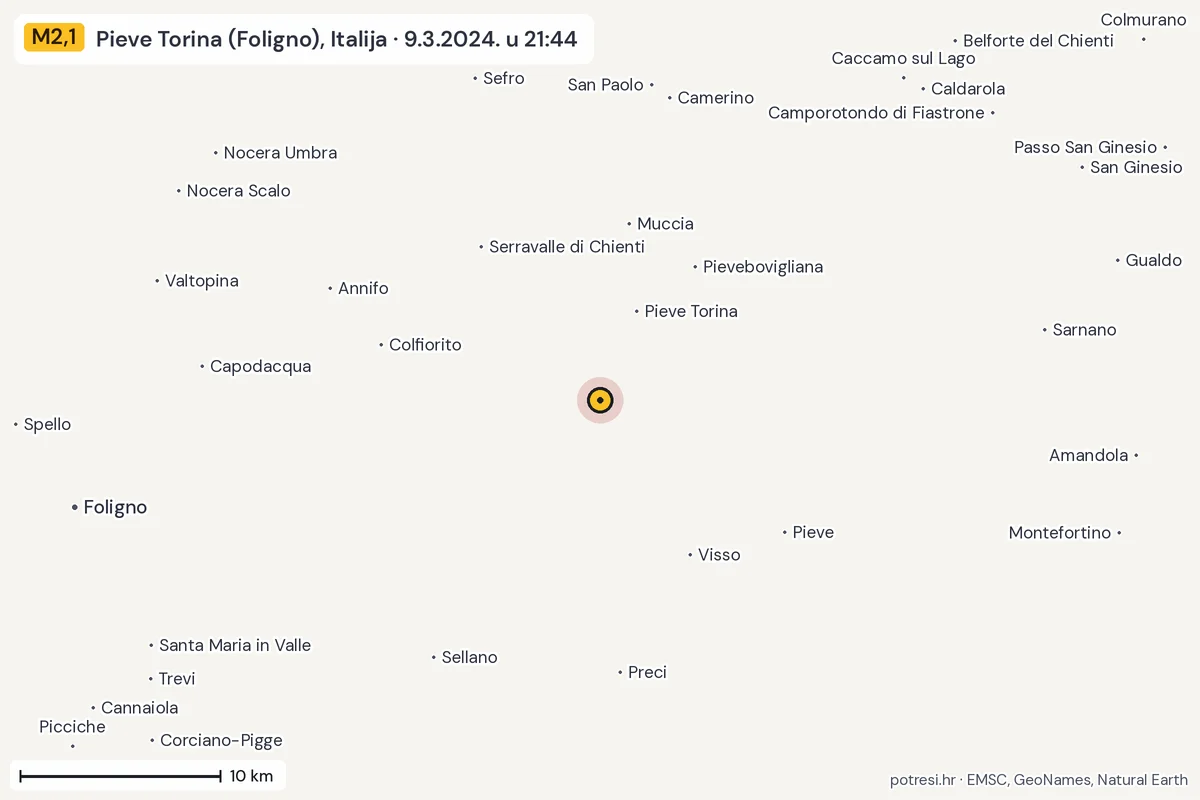 Karta: okolica epicentra, 60 km, potres M2,1, Pieve Torina (Foligno), Italija, 9.3.2024.