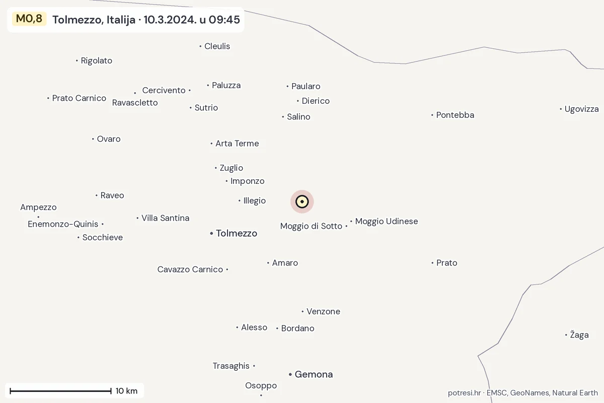 Karta: okolica epicentra, 60 km, potres M0,8, Tolmezzo, Italija, 10.3.2024.