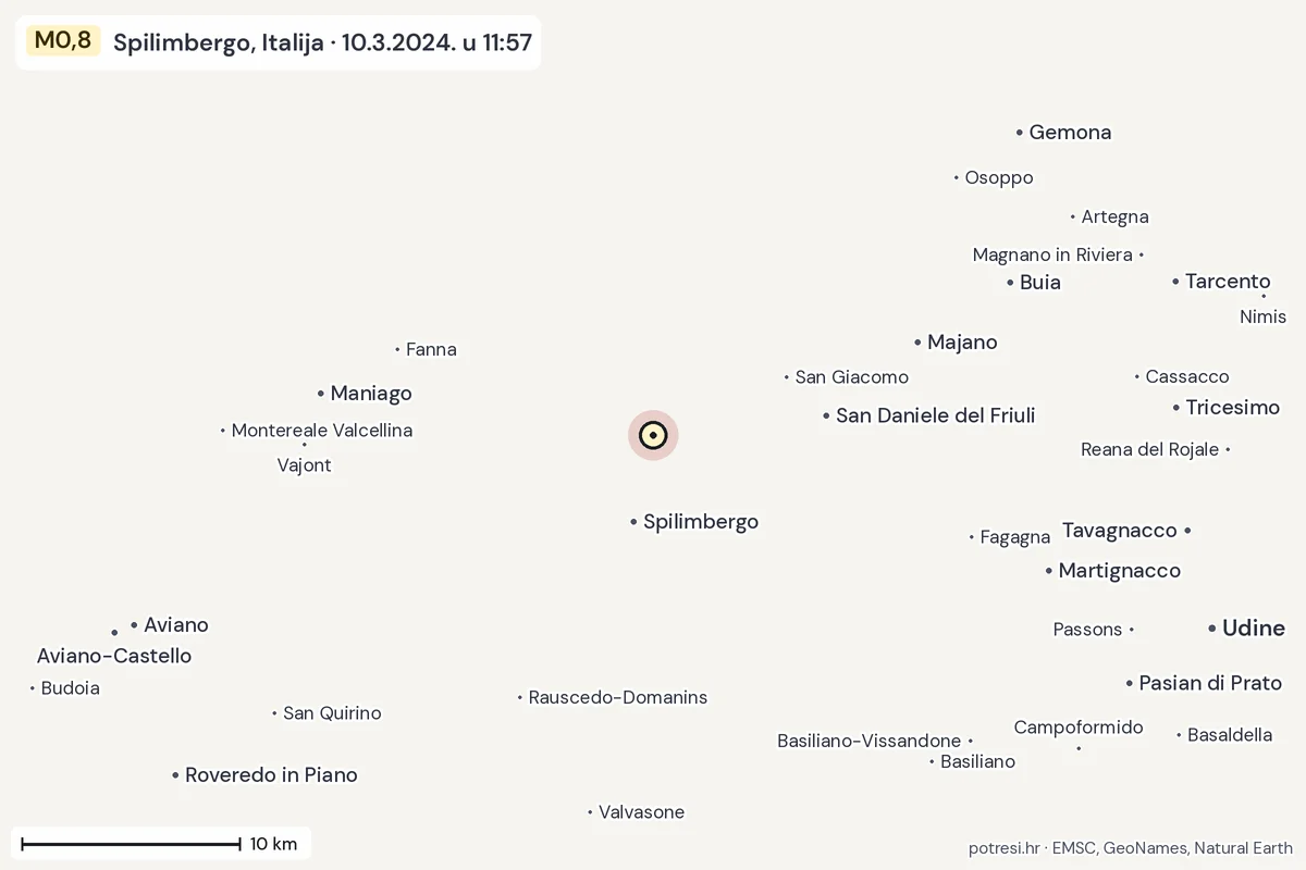 Karta: okolica epicentra, 60 km, potres M0,8, Spilimbergo, Italija, 10.3.2024.