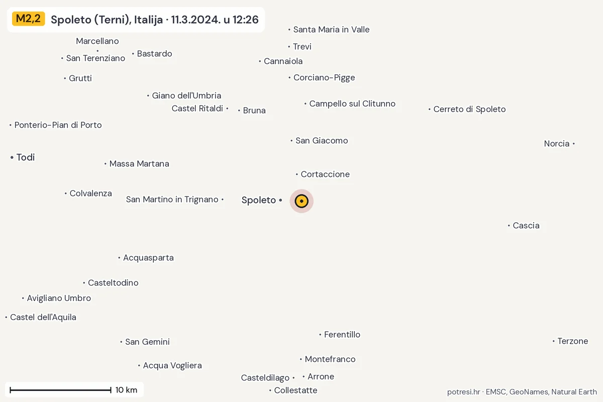 Karta: okolica epicentra, 60 km, potres M2,2, Spoleto (Terni), Italija, 11.3.2024.