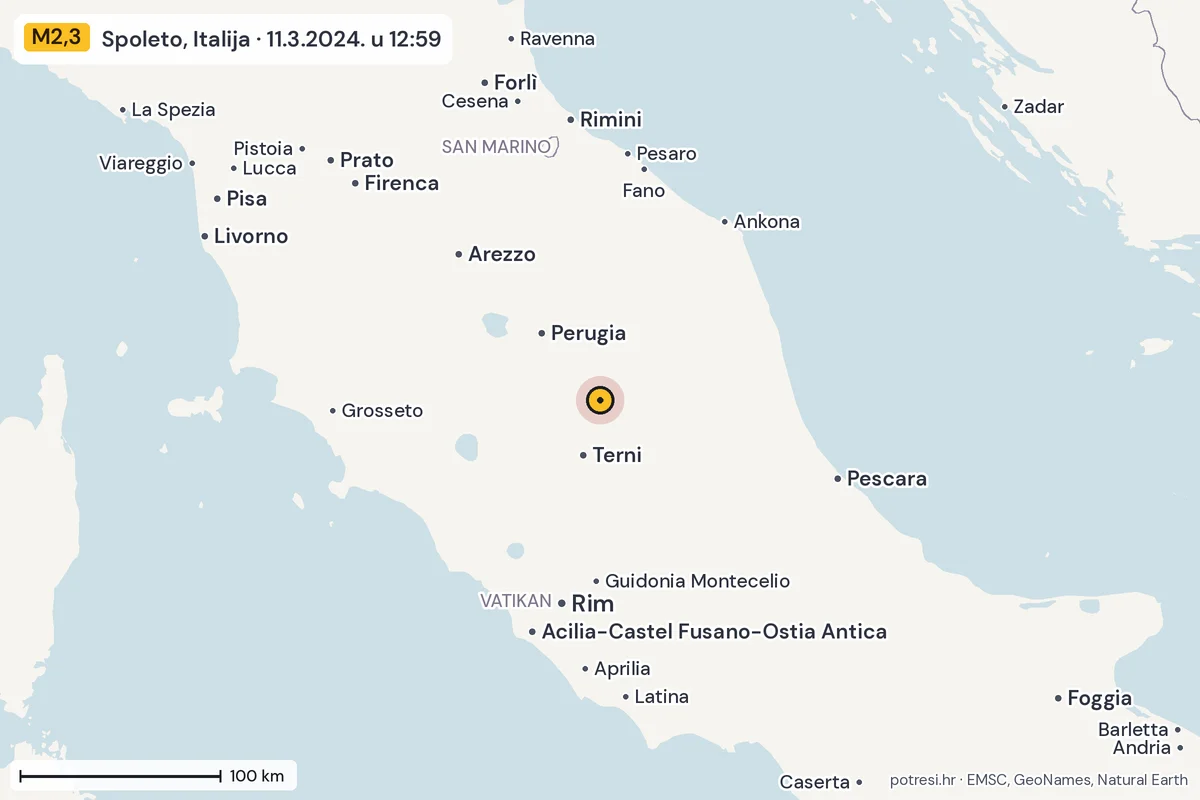 Karta: šire područje, 600 km, potres M2,3, Spoleto, Italija, 11.3.2024.