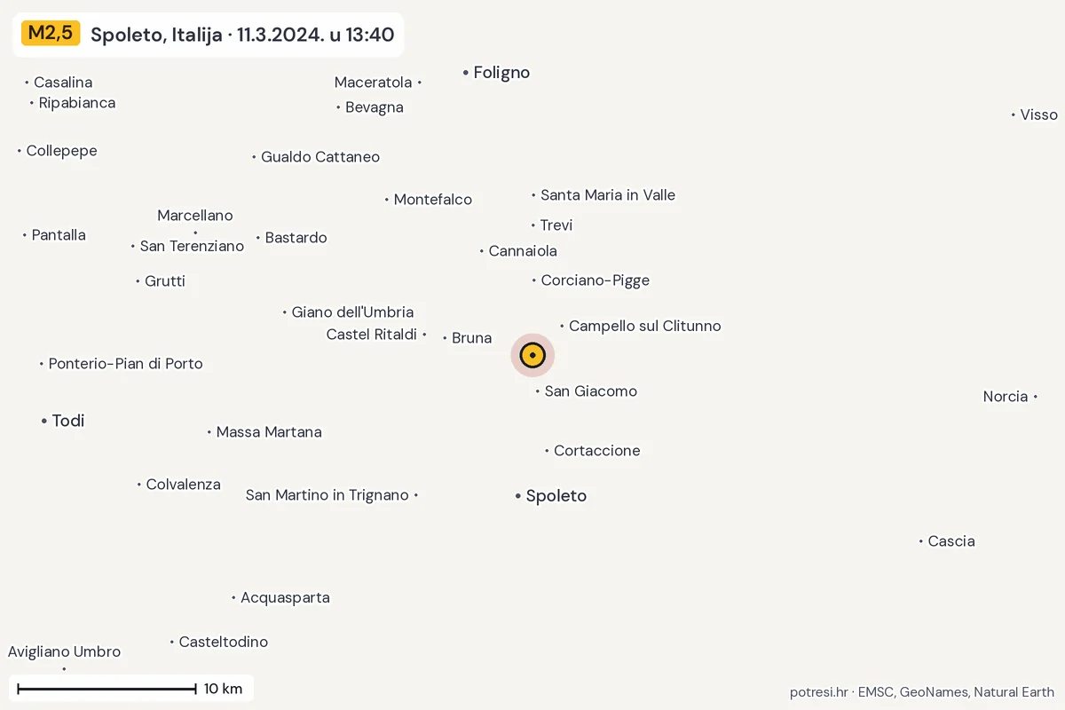 Karta: okolica epicentra, 60 km, potres M2,5, Spoleto, Italija, 11.3.2024.