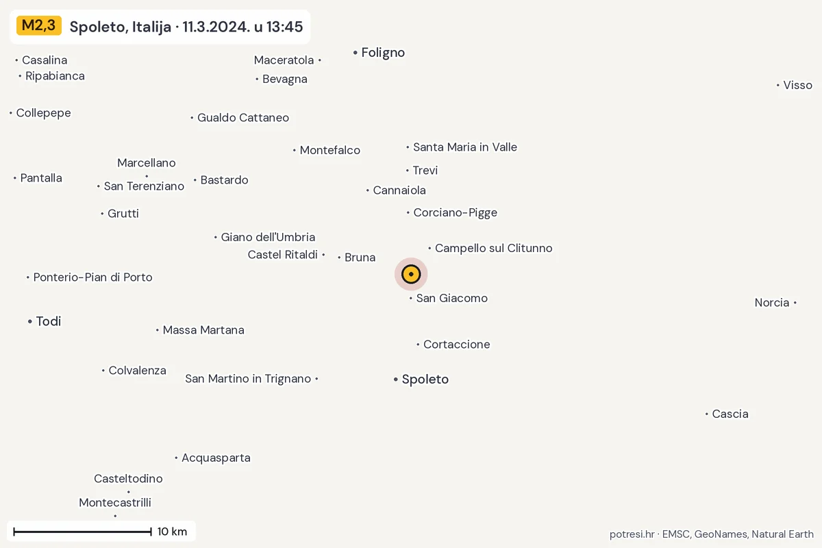 Karta: okolica epicentra, 60 km, potres M2,3, Spoleto, Italija, 11.3.2024.