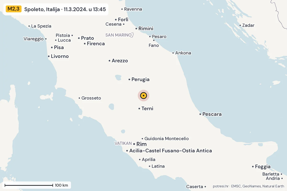 Karta: šire područje, 600 km, potres M2,3, Spoleto, Italija, 11.3.2024.