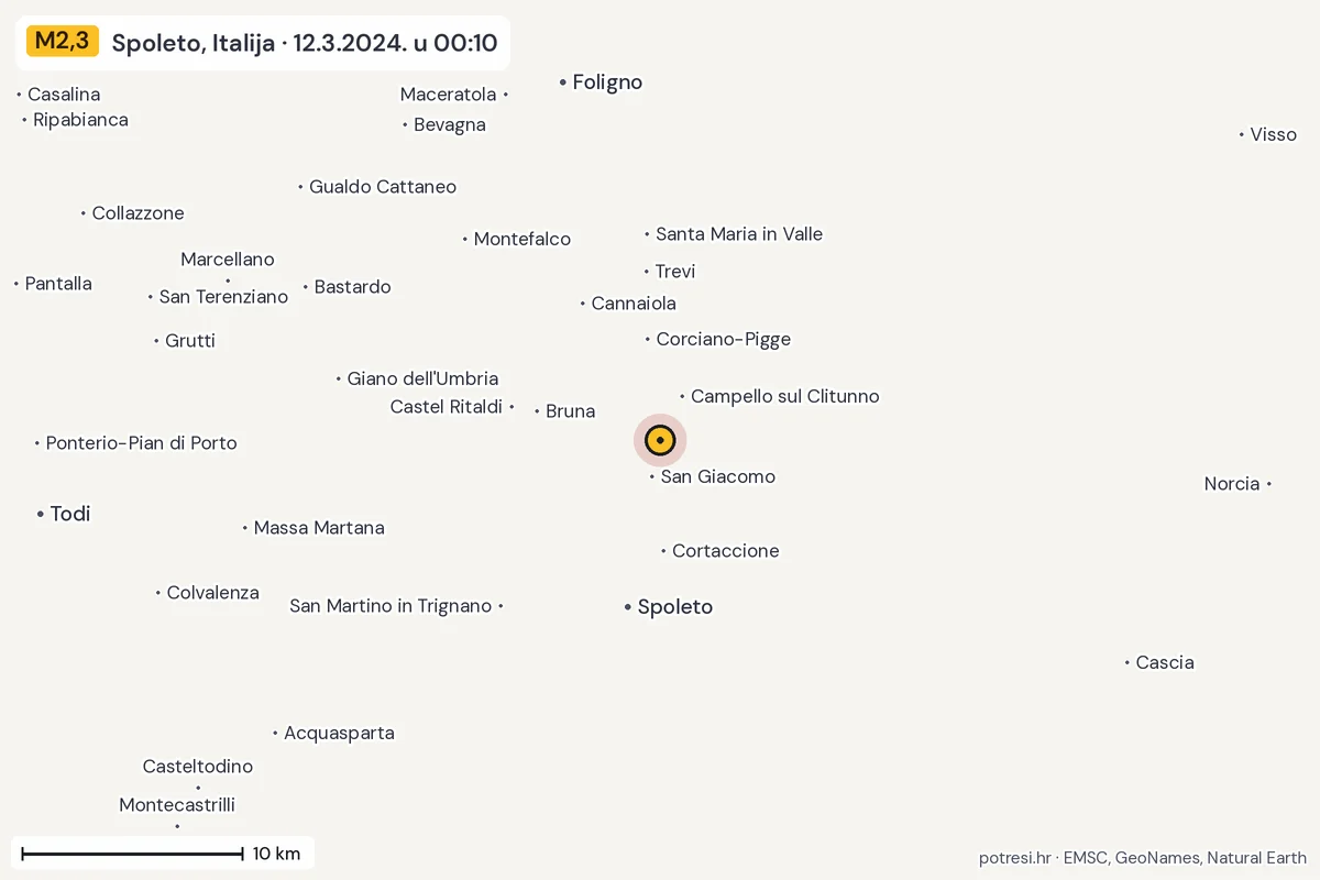 Karta: okolica epicentra, 60 km, potres M2,3, Spoleto, Italija, 12.3.2024.