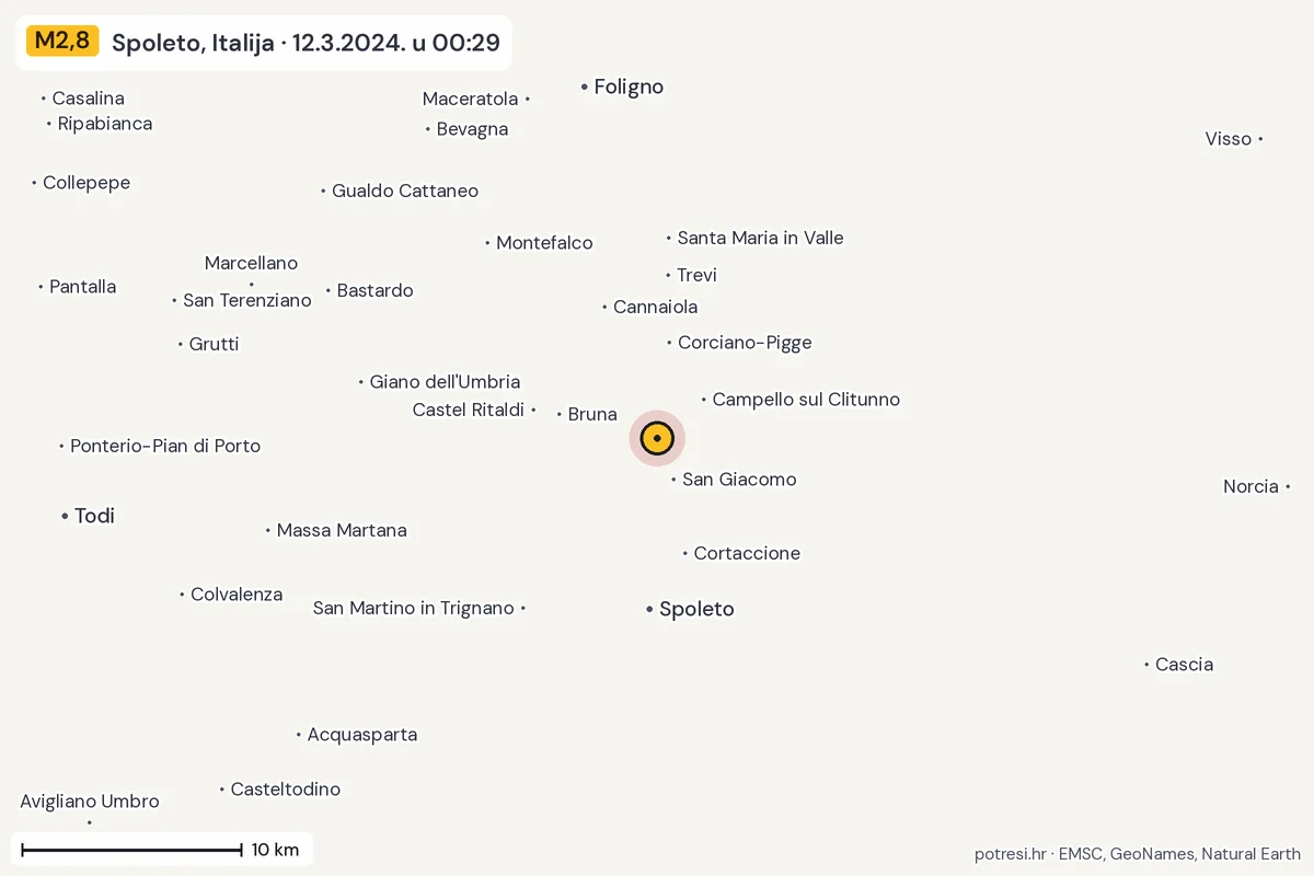 Karta: okolica epicentra, 60 km, potres M2,8, Spoleto, Italija, 12.3.2024.