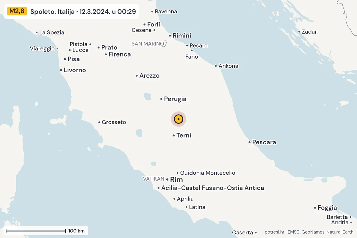 Karta: šire područje, 600 km, potres M2,8, Spoleto, Italija, 12.3.2024.
