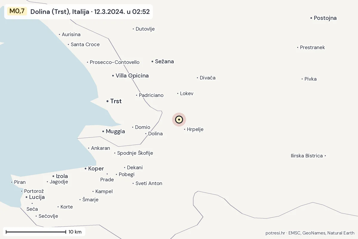 Karta: okolica epicentra, 60 km, potres M0,7, Dolina (Trst), Italija, 12.3.2024.