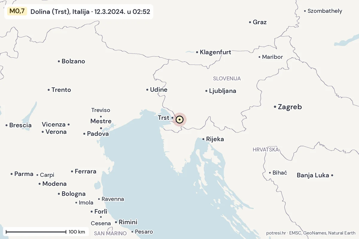 Karta: šire područje, 600 km, potres M0,7, Dolina (Trst), Italija, 12.3.2024.