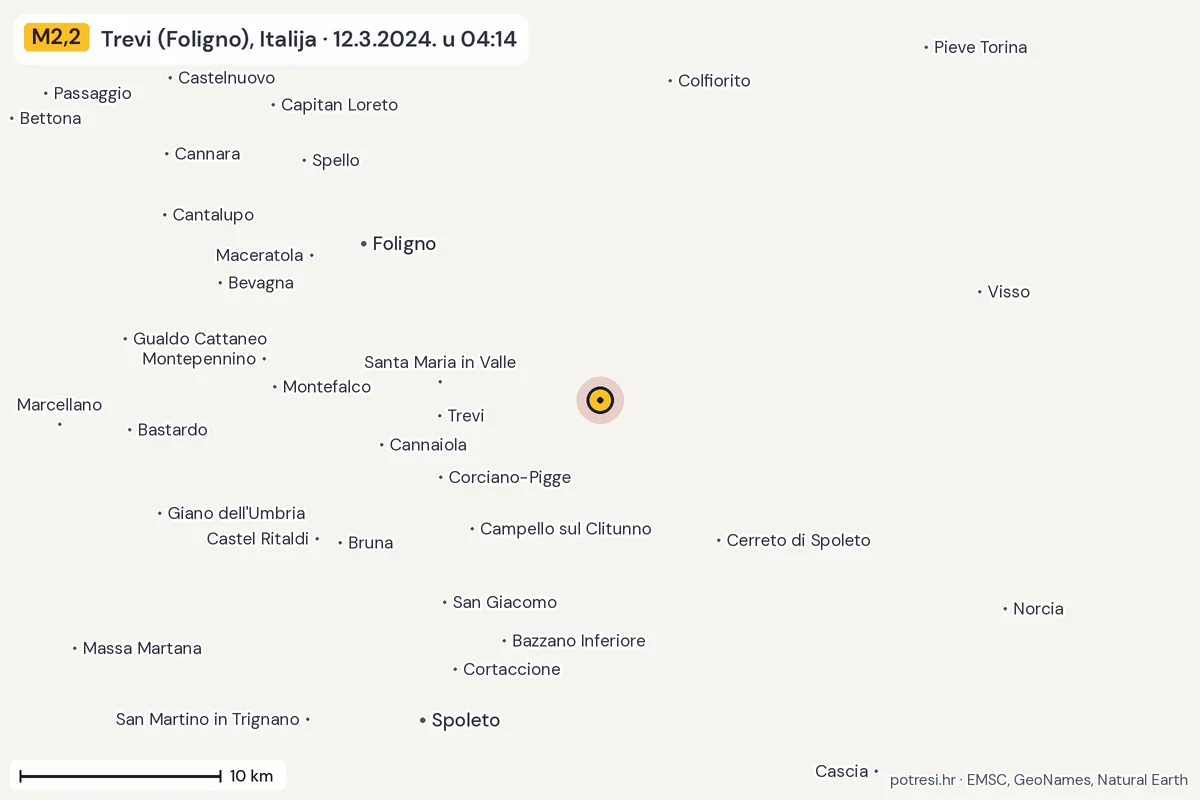 Karta: okolica epicentra, 60 km, potres M2,2, Trevi (Foligno), Italija, 12.3.2024.
