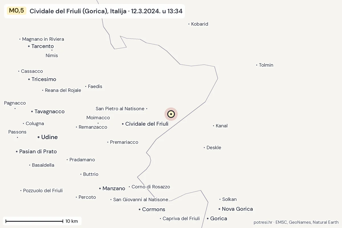 Karta: okolica epicentra, 60 km, potres M0,5, Cividale del Friuli (Gorica), Italija, 12.3.2024.