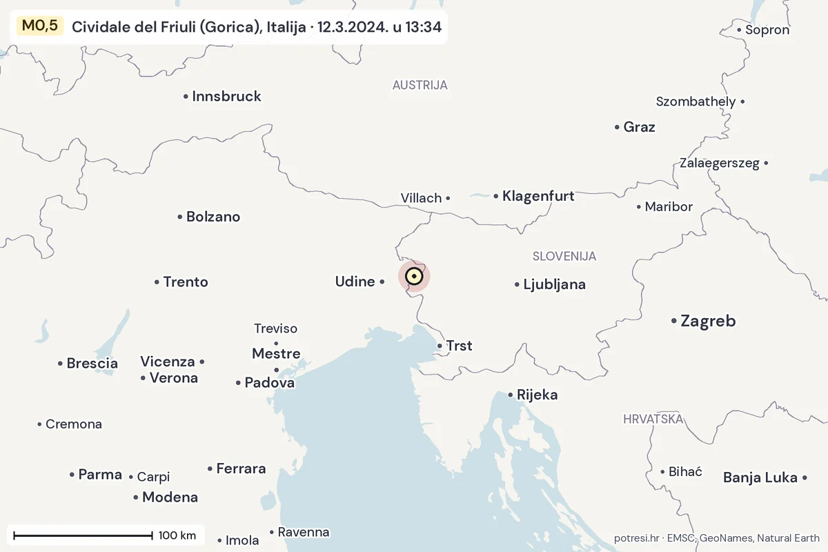 Karta: šire područje, 600 km, potres M0,5, Cividale del Friuli (Gorica), Italija, 12.3.2024.